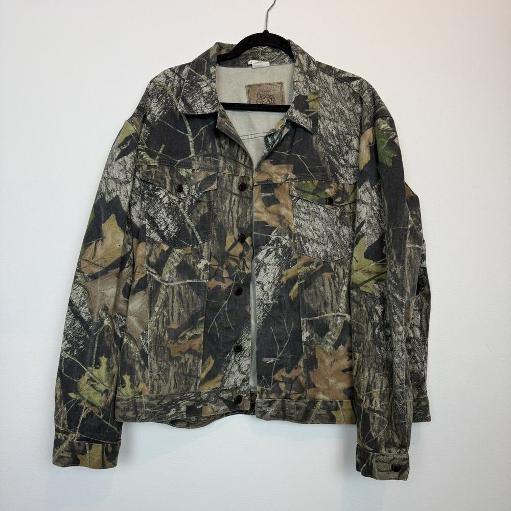 Vintage Wrangler Outdoog Gear mossy oak camo denim jacket XL grunge